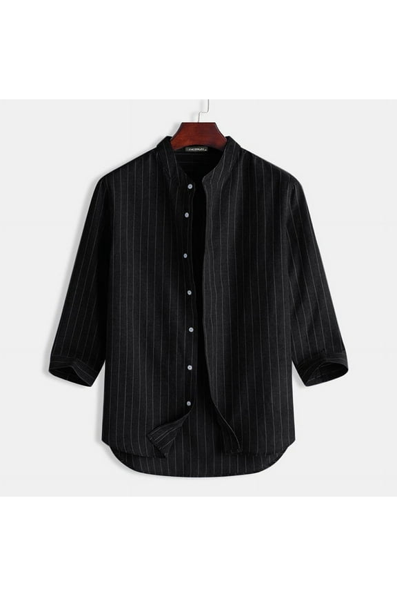 Men's Collarless Striped 3/4 Sleeve Casual Button Shirts Tops