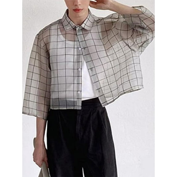 INCERUN Men's Fashion Plaid See Through 3/4 Sleeve Shirt Lightweight Overshirt