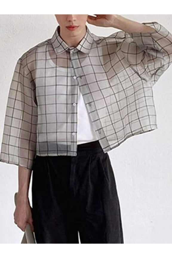 Men's Fashion Plaid See Through 3/4 Sleeve Shirt Lightweight Overshirt