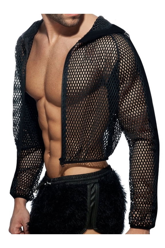 Men's Hoody Top Activewear Net Yarn Hoodie Zipper Crop Mesh Jackets