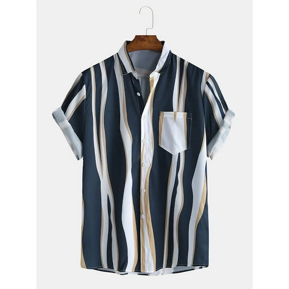 INCERUN Men's Lapel Pocket Striped Casual T-Shirt Summer Hawaii Short Sleeve Tops Shirt