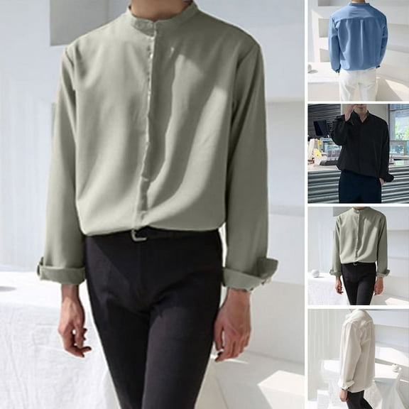 INCERUN Men's Long Sleeve Casual Solid Color Tops Button Down Dress Shirts