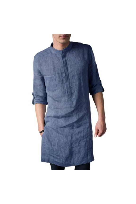 Men's Long Sleeve Kurta Shirt Traditional Kaftan Indian Shirts Tunic Long Tops