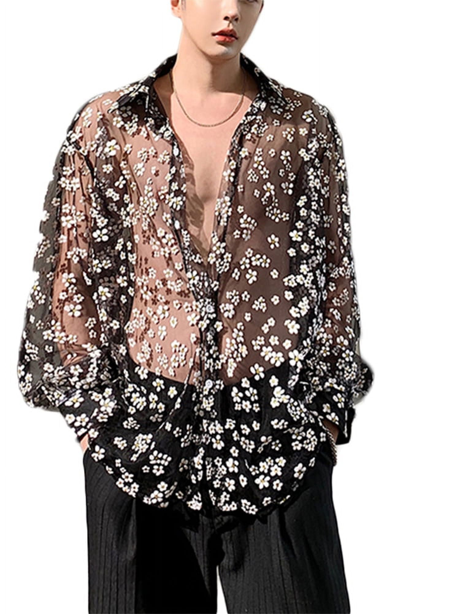 mens see through dress shirt INSPIRE CHIC Men's Lace Hollow See Through Button Down Short Sleeve Disco Sheer Shirt Small Black