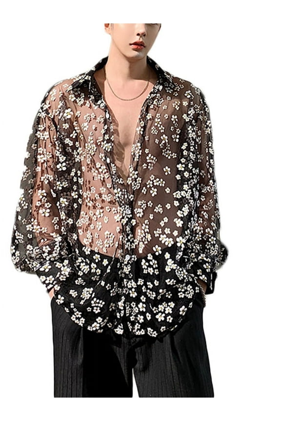 Men's Long Sleeve Mesh See Through Casual Party Night Club Fancy Dress Shirt