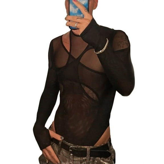 INCERUN Men's Long Sleeve Mesh Singlet Mesh Fancy Irregular Bodysuits
