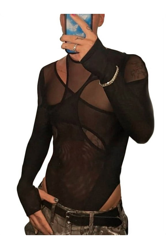 Men's Long Sleeve Mesh Singlet Mesh Fancy Irregular Bodysuits
