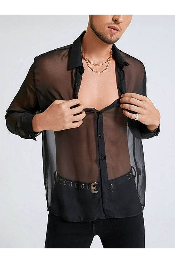 Men's Long Sleeve Nightclub Lightweight Mesh Sheer Top Shirt