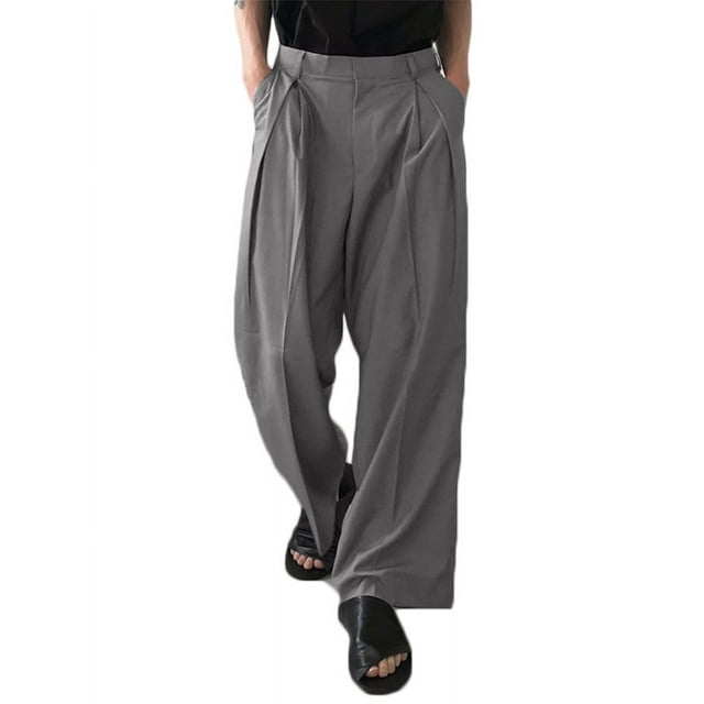 INCERUN Men's Loose Long Straight Solid Color Wide Leg Pants Trousers Black/Grey