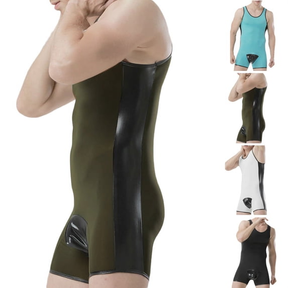 INCERUN Men's One-Piece Boxer Patchwork Patent Leather Sling Slim-Fit Sexy Jumpsuits