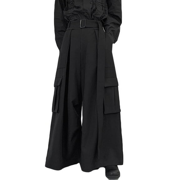 INCERUN Men's Oversized Black Wide Leg Pockets Gothic Pants Casual Trousers with Belt