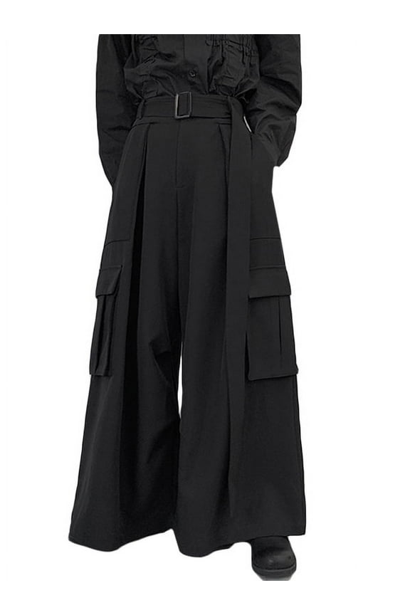 Men's Oversized Black Wide Leg Pockets Gothic Pants Casual Trousers with Belt