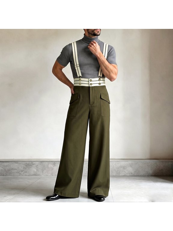 Men's Pants Jumpsuits Patchwork High Waist Casual Men Rompers Streetwear Overalls Wide Leg Pant