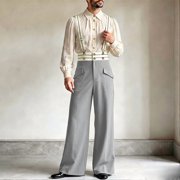 INCERUN Men's Pants Patchwork High Waist Casual Men Streetwear Overalls Wide Leg Pant Long Trousers