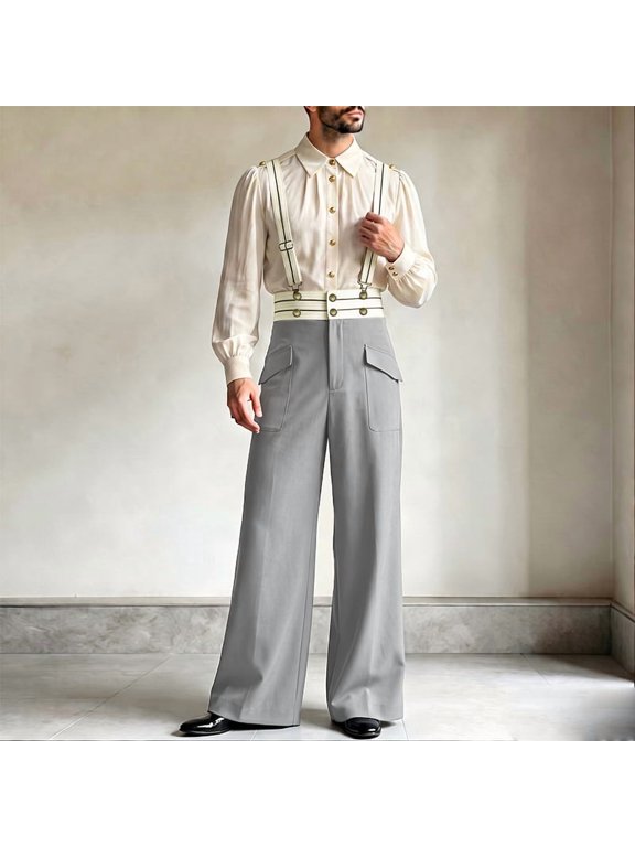 Men's Pants Patchwork High Waist Casual Men Streetwear Overalls Wide Leg Pant Long Trousers