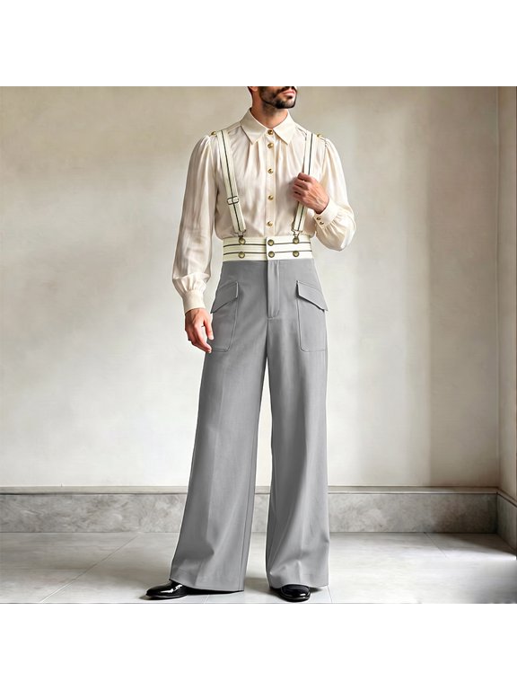 Men's Pants Patchwork High Waist Casual Men Streetwear Overalls Wide Leg Pant Long Trousers
