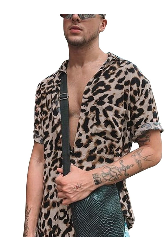Men's Sexy Fancy Leopard Print Short Sleeve Button Down Lapel Shirt Top
