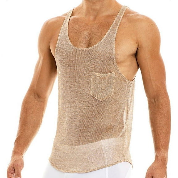INCERUN Men's Sexy Shiny Metallic Feel Mesh See-through Round Neck Tank Top