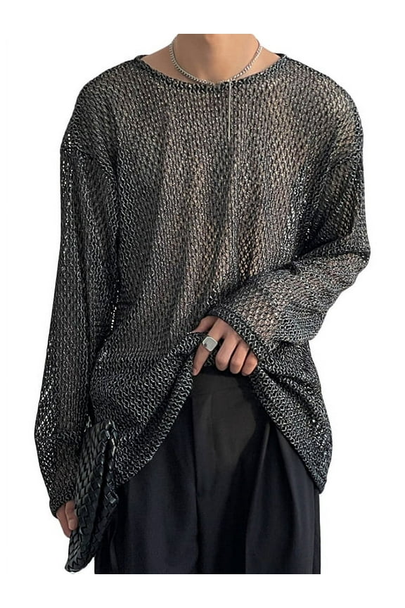 Men's Sheer Mesh Long Sleeve Hollow Out Loose Tops Pullover