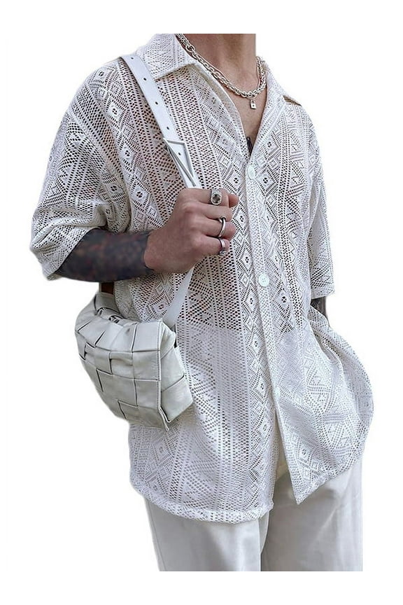 Men's Short Sleeve Hollow Out Mesh Ethnic Shirts Floral Beach Holiday Tops Shirt
