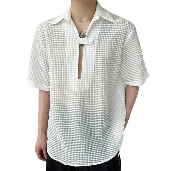 INCERUN Men's Short Sleeve Shirts V Neck Collared Waffle Shirts Summer Leisure Tops