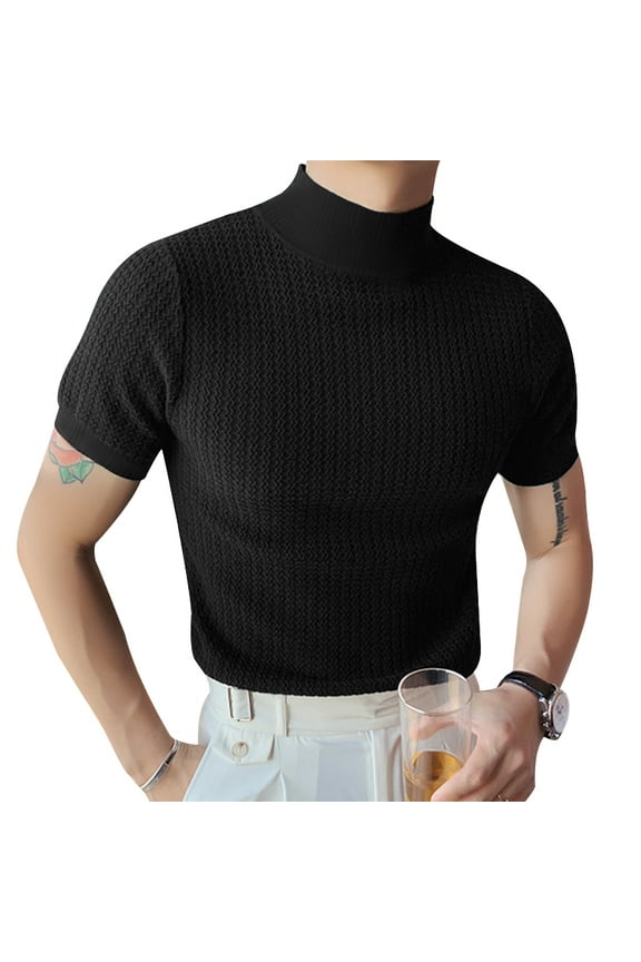 Men's Short Sleeve Turtle Neck Solid Color Shirts Summer Bottoming Tee Tops