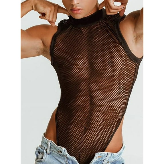 INCERUN Men's Sleeveless Grid Hollow Out See-through One-piece Top Singlet Breathable Bodysuit