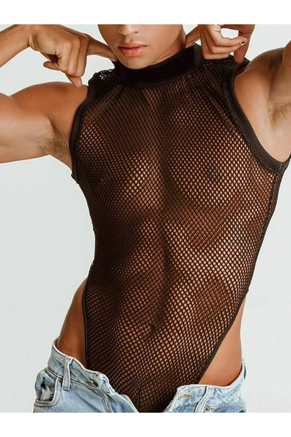 Men's Sleeveless Grid Hollow Out See-through One-piece Top Singlet Breathable Bodysuit