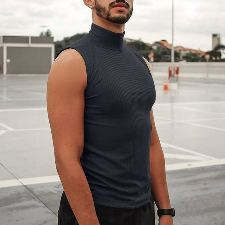 INCERUN Men's Sleeveless Turtleneck Slim-fitting Pinstripe Sports Tank Tops