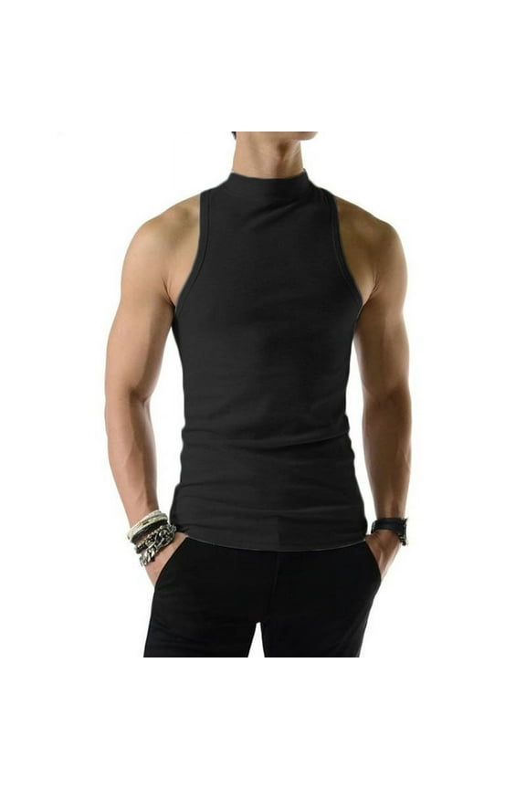 Men's Sleeveless Vest Slim Fit Solid Color Half-collar Gym Tops