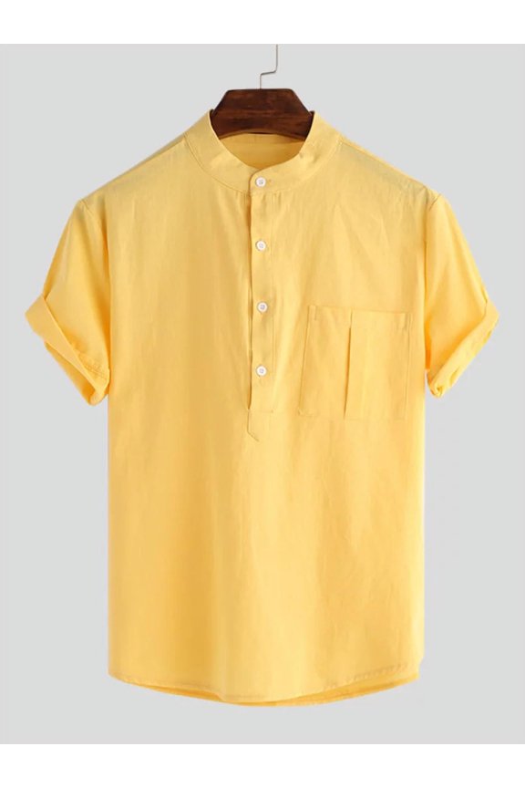Men's Solid Casual Breathable Collarless Shirt Short Sleeve T Shirt