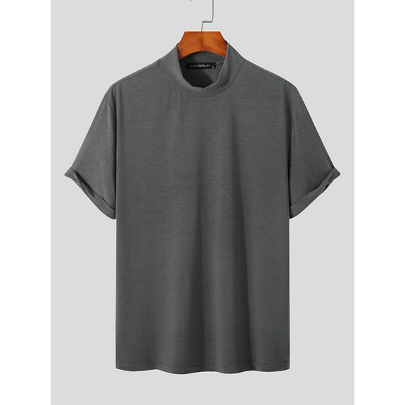 INCERUN Men's Stand Collar Bottoming Shirt Solid Color Short Sleeve T-Shirt