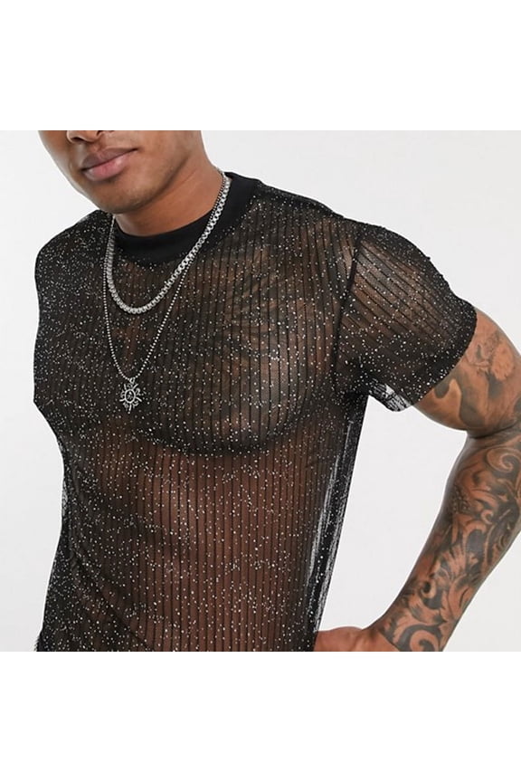 Men's Striped Lightweight See-Through Short Sleeve Slim Top