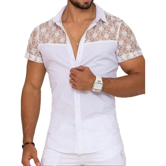 INCERUN Men's Summer Lace See-thru Short Sleeve Dress Shirts Hollow-out Patchwork Tee Tops