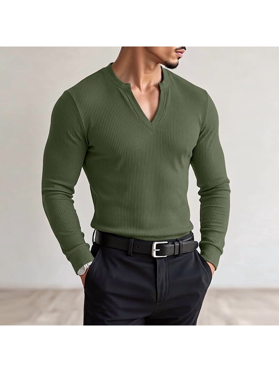 Men's T Shirt Solid Knitted V Neck Long Sleeve Casual Male Tee Tops Streetwear Autumn Fashion Men Clothes Pullovers