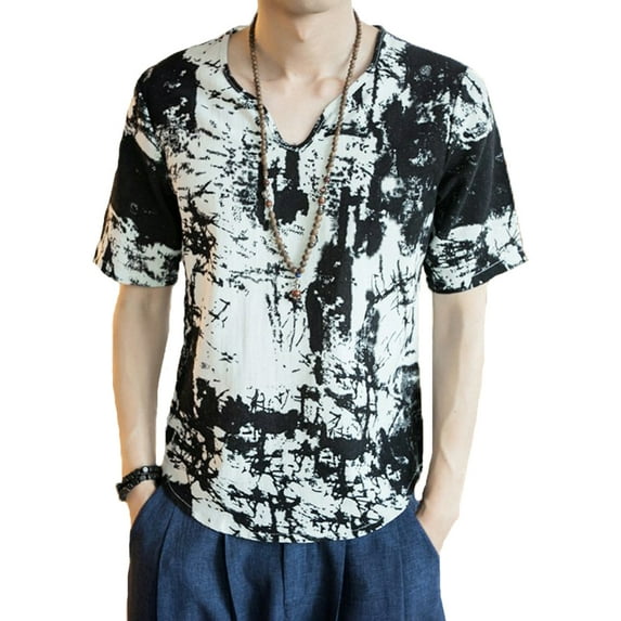 INCERUN Men's Vintage Short Sleeve Tie-Dye Printed Tee Casual Loose V Neck T Shirts Tops
