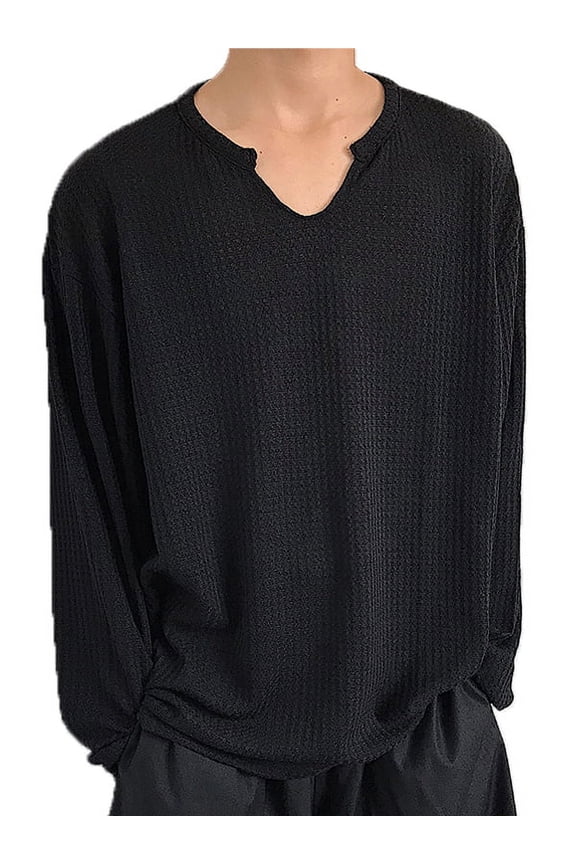 Men's Waffle Pattern Long Sleeve Loose Simple Top Pullovers Casual V Collar Tee Shirt