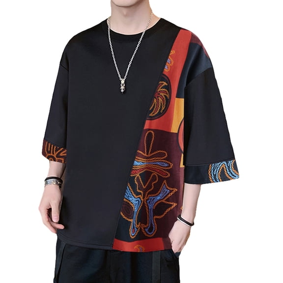 INCERUN Mens Chinese Style Ethnic Printed T Shirts Half Sleeve Casual Cotton Stitching Tops