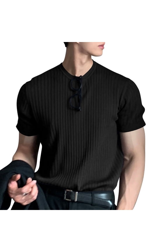 Mens Daily Round Neck Tops Pinstripe Short Sleeve T-Shirt