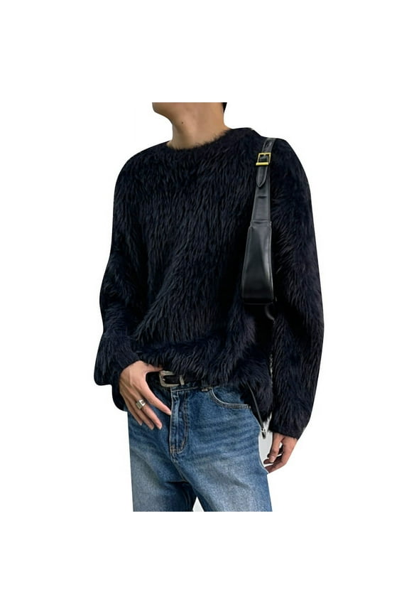 Mens Fluffy Faux Fur Jumper Sweater Long Sleeve Winter Casual Loose Pullover