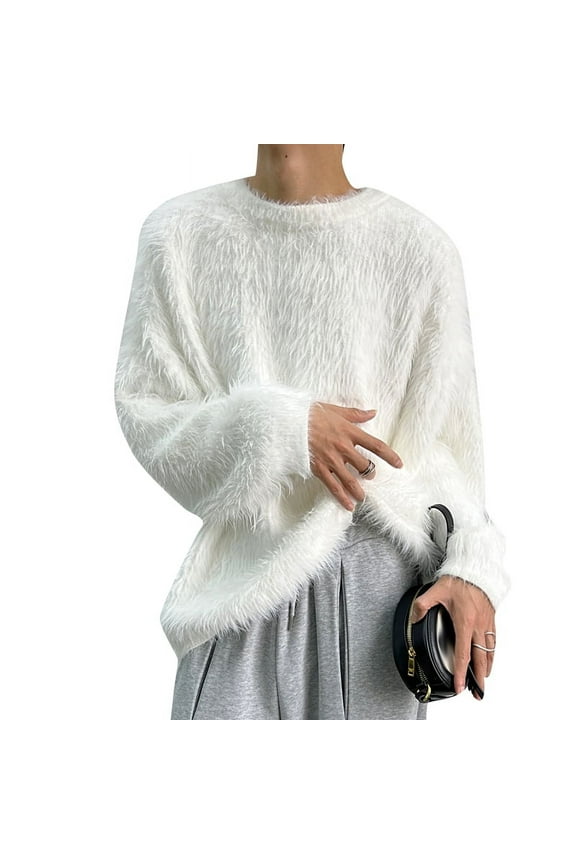 Mens Fluffy Faux Fur Jumper Sweater Long Sleeve Winter Casual Loose Pullover