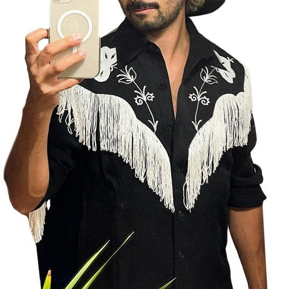 INCERUN Mens Gothic Embroidered Tassel Patchwork Lapel Long Sleeve Shirts Blouse Hippie Party Button Down Tops