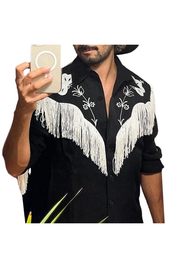 Mens Gothic Embroidered Tassel Patchwork Lapel Long Sleeve Shirts Blouse Hippie Party Button Down Tops