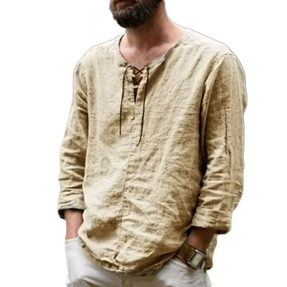 INCERUN Mens Long Sleeve Retro V Neck Linen Lace Up Shirts Pullover Tops