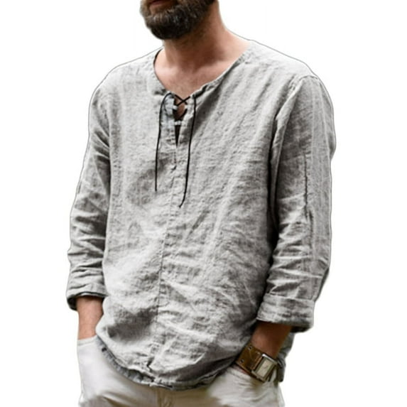 INCERUN Mens Long Sleeve Retro V Neck Linen Lace Up Shirts Pullover Tops