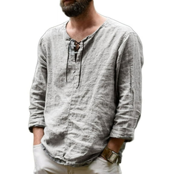 INCERUN Mens Long Sleeve Retro V Neck Linen Lace Up Shirts Pullover Tops