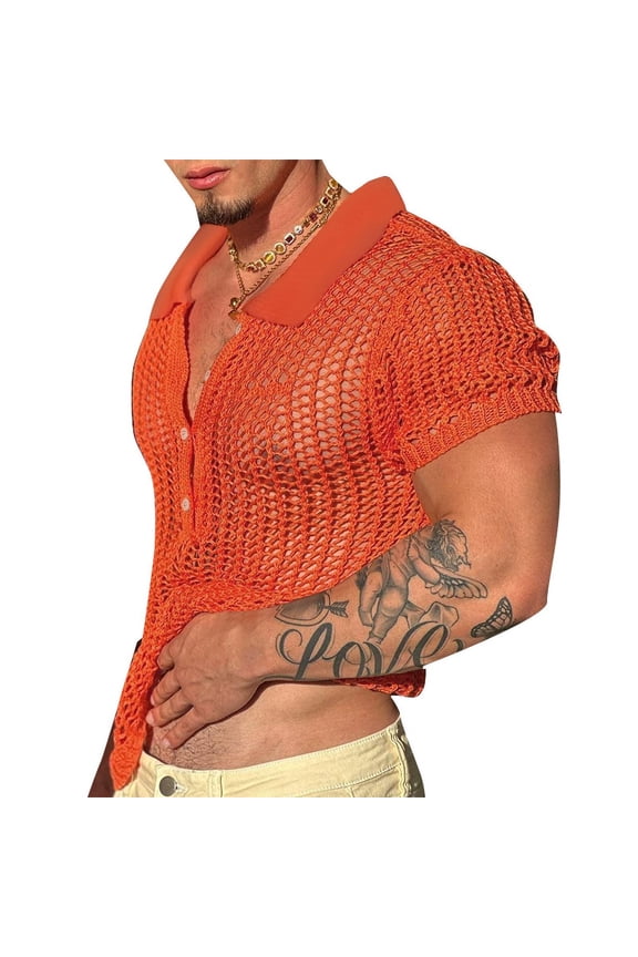 Mens Mesh Hollow Out Short Sleeve Lapel Neck Shirt Summer Casual Tops