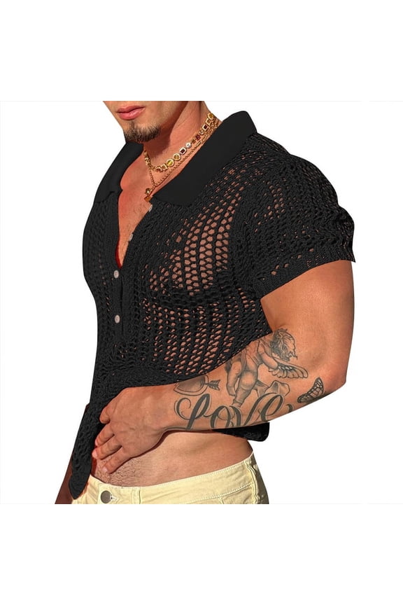 Mens Mesh Hollow Out Short Sleeve Lapel Neck Shirt Summer Casual Tops