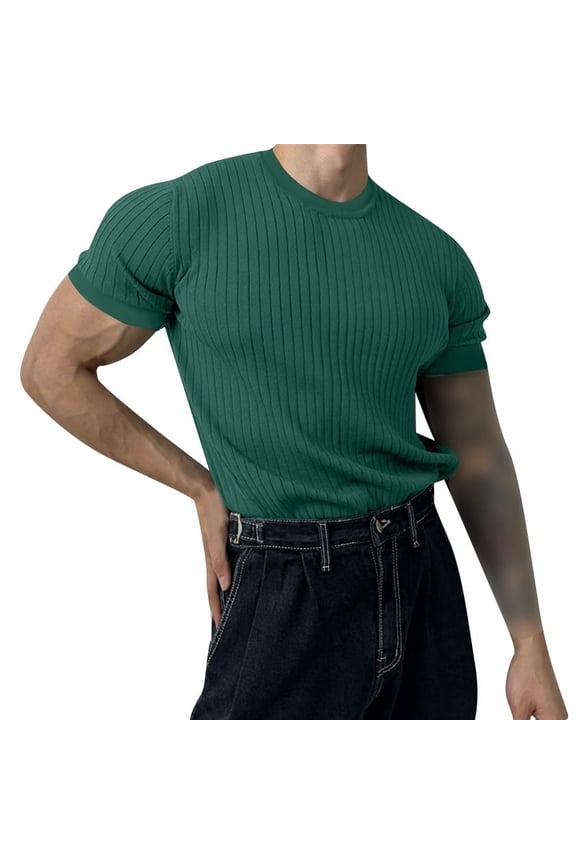 Mens O-Neck Short Sleeve Solid Rib-Knit T-Shirt Casual Fitness Tops Shirt