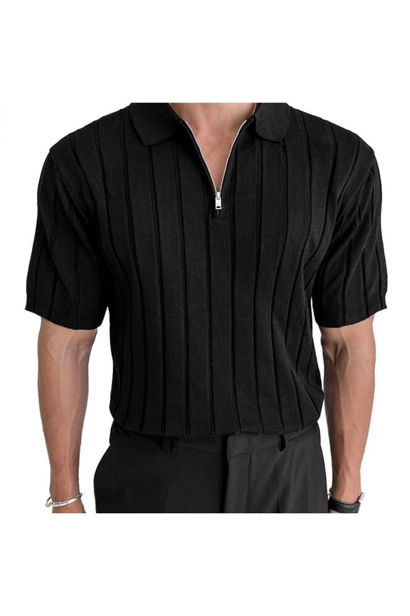 Mens Short Sleeve Zip Up Lapel Neck Solid T-Shirt Casual Fit Shirt Formal Tops